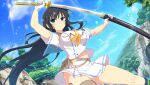  1girl absurdres armband black_hair blue_eyes blue_sailor_collar blue_sky blue_socks blush breasts bush cliff cloud day drawing_sword forest highres holding holding_sheath holding_sword holding_weapon ikaruga_(senran_kagura) kunai large_breasts long_hair looking_at_viewer midriff_peek nature navel ootachi outdoors sailor_collar scabbard school_uniform senran_kagura senran_kagura_new_link senran_kagura_shoujo-tachi_no_shin&#039;ei sheath skirt sky socks solo sword thigh_strap thighhighs tree unsheathing very_long_hair water_drop weapon 