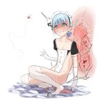  1boy anal_tail aqua_eyes ass blue_hair blush bug butt_plug cockroach fake_tail falling gloves hair_tie maid maid_headdress male_focus mubo on_floor open_mouth original otoko_no_ko sex_toy sitting sweat tail thighhighs white_background white_gloves white_thighhighs 