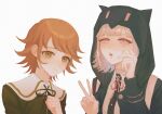  1boy 1girl animal_ears backpack bag black_jacket black_shirt brown_eyes brown_hair buttons danganronpa:_trigger_happy_havoc danganronpa_(series) danganronpa_2:_goodbye_despair dress_shirt fake_animal_ears fujisaki_chihiro green_jacket green_ribbon hands_up hayate0622 hood hood_up hooded_jacket jacket medium_hair nanami_chiaki neck_ribbon open_clothes open_jacket pink_eyes pink_ribbon portrait ribbon shirt smile two-tone_shirt white_shirt 