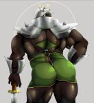  1boy aldrich_(4giogio4) ass ass_hair back_cutout back_hair bara beard between_buttocks black_bodysuit black_thighhighs bodysuit clothing_cutout colored_skin facial_hair facing_to_the_side fat_rolls feet_out_of_frame from_behind glowing_halo green_skin hairy helmet huge_ass large_pectorals latex latex_bodysuit leaning_forward leg_hair male_focus mature_male monster_boy muscular muscular_male orc original pectorals planted planted_sword pointy_ears presenting revealing_clothes second-party_source shiny_clothes short_hair solo standing sweat sword taoren thick_eyebrows thick_thighs thighhighs thighs tusks weapon 