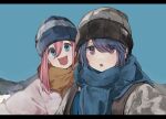  2girls asymmetrical_hair backpack bag bangs beanie blue_eyes blue_hair blue_scarf blue_sky brown_scarf hair_between_eyes hair_over_one_eye hat head_tilt highres kagamihara_nadeshiko leadin_the_sky light_blush long_hair looking_at_viewer mountainous_horizon multiple_girls open_mouth pink_hair purple_eyes scarf shima_rin sidelocks sky smile yurucamp 