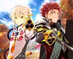  2boys aiming_at_viewer back-to-back blurry blurry_background coat day dragoon_(sekaiju) dragoon_1_(sekaiju) ear_ornament gloves grin hair_between_eyes looking_at_viewer mizuchaya_youkan multiple_boys outdoors pepperbox_revolver pointy_ears red_hair sekaiju_no_meikyuu sekaiju_no_meikyuu_5 shield smile upper_body warlock_(sekaiju) warlock_1_(sekaiju) white_coat white_gloves white_hair yellow_eyes 