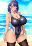  1girl bare_shoulders beach belly black_one-piece_swimsuit black_thighhighs blue_eyes blue_hair blue_sky blush breasts cleavage cloud collarbone colored_inner_hair competition_swimsuit covered_navel curvy day earrings groin highleg highleg_swimsuit highres huge_breasts jewelry large_breasts looking_at_viewer mole multicolored_hair navel ocean one-piece_swimsuit original outdoors plump purple_hair ranhatu short_hair skindentation sky smile solo standing swimsuit thick_thighs thighhighs thighs two-tone_hair water wet 