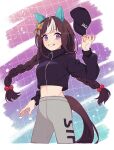  1girl animal_ears baseball_cap black_headwear boc&#039;z_(umamusume) bow braid breasts brown_hair cowboy_shot crop_top cropped_jacket ear_covers grey_pants grin hair_bobbles hair_bow hair_ornament hat high_collar hokko_tarumae_(umamusume) holding holding_clothes holding_hat horse_ears horse_girl horse_tail long_hair long_sleeves looking_at_viewer midriff multicolored_hair nm222hz pants purple_eyes small_breasts smile solo streaked_hair sweatpants tail twin_braids twitter_username umamusume watermark 