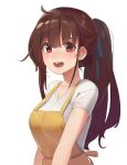  1girl :d apron asymmetrical_hair black_ribbon breasts brown_eyes brown_hair collarbone from_side hair_between_eyes hair_ribbon highres large_breasts light_blush lips long_hair looking_at_viewer messy_hair open_mouth original ponytail rang_go ribbon shirt short_sleeves simple_background smile solo strap_gap t-shirt teeth tongue upper_body white_background white_shirt yellow_apron 