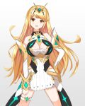  1girl :d armguard bare_shoulders breasts circlet cleavage cleavage_cutout clothing_cutout core_crystal_(xenoblade) cowboy_shot dress highres long_hair looking_at_viewer mythra_(xenoblade) nishiroji open_mouth smile solo spread_legs swept_bangs thigh_strap upper_body very_long_hair white_dress xenoblade_chronicles_(series) 
