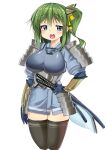  1girl adapted_costume armor ase_(nigesapo) black_thighhighs blue_eyes breasts commentary_request daiyousei gloves green_hair half-closed_eyes hand_on_own_hip highres japanese_armor katana kote kusazuri large_breasts looking_at_viewer medium_hair multiple_swords open_mouth side_ponytail simple_background solo sword thighhighs touhou variant_set weapon white_background wings 