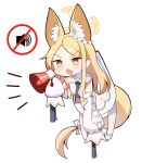 1girl animal_ear_fluff animal_ears blonde_hair blue_archive blush detached_sleeves dress fox_ears fox_tail full_body halo holding holding_megaphone long_hair megaphone open_mouth pantyhose seia_(blue_archive) shoes simple_background sleeves_past_fingers sleeves_past_wrists sob_(submar1089) solo striped striped_pantyhose tail vertical-striped_pantyhose vertical_stripes white_background white_dress white_footwear white_pantyhose wide_sleeves yellow_eyes yellow_halo 