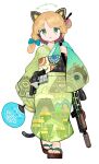  1girl absurdres alternate_costume animal_ear_headphones animal_ears battle_rifle belt_pouch blonde_hair blue_archive blue_bow bow cat_ear_headphones closed_mouth commentary fake_animal_ears full_body geta green_eyes gun h&amp;k_g3 hair_bow halo hand_fan headphones highres holding holding_fan japanese_clothes kimono looking_at_viewer medium_hair menthako midori_(blue_archive) no_socks obi obijime paper_fan pouch print_kimono rifle sash simple_background solo standing straight-on symbol-only_commentary tail the_legend_of_zelda the_legend_of_zelda:_breath_of_the_wild the_legend_of_zelda:_tears_of_the_kingdom uchiwa weapon white_background yukata 