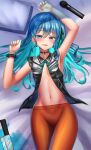  1girl aqua_hair arm_up armpits bed bed_sheet black_choker black_shirt blood blood_on_knife blood_stain blue_blood blue_eyes blue_hair blush breasts choker closed_mouth colored_inner_hair cowboy_shot eyelashes fine_fabric_emphasis green_ribbon grey_shirt hair_between_eyes hair_ribbon hand_up highres hololive hoshimachi_suisei jagoo knife lace lace_choker lace_sleeves long_hair looking_at_viewer lying microphone multicolored_hair navel official_alternate_costume on_back one_side_up open_clothes open_shirt orange_pantyhose pantyhose ribbon scrunchie shiny_skin shirt short_sleeves small_breasts smile solo star_(symbol) star_in_eye stomach symbol_in_eye thighs two-tone_hair two-tone_shirt virtual_youtuber wrist_scrunchie 