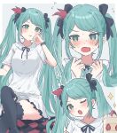  1girl aqua_eyes aqua_hair black_bow black_skirt black_thighhighs blush border bow cake closed_mouth embarrassed food grey_background hair_bow hatsune_miku highres keseranpasaraa long_hair looking_at_viewer multiple_hair_bows one_eye_closed open_mouth project_diva_(series) shirt short_sleeves skirt solo sparkle strawberry_shortcake supreme_(module) thighhighs twintails vocaloid white_border white_shirt world_is_mine_(vocaloid) 