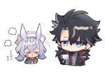  1boy 1girl ahoge animal_ears black_hair blue_eyes chibi closed_eyes closed_mouth coat cup earrings fur-trimmed_coat fur_trim genshin_impact grey_vest holding holding_cup jewelry koma_(km_mmmk) necktie no_eyes no_mouth red_necktie red_ribbon ribbon sigewinne_(genshin_impact) translation_request upper_body v-shaped_eyebrows vest white_hair white_headwear wriothesley_(genshin_impact) 