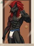  anthro black_body black_fur canid canine canis clothing fur hair hi_res jockstrap looking_at_viewer male mammal muscular muscular_anthro muscular_male nipples pecs phone prismanoodle_(artist) red_eyes red_hair scar selfie simple_background smile solo tail tattoo underwear wolf 