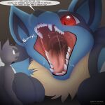  absurd_res anthro blue_body blue_fur bodily_fluids duo english_text eyeofcalamity fur generation_4_pokemon hi_res kuroodod lucario male mouth_shot nintendo open_mouth pokemon pokemon_(species) red_eyes saliva teeth text tongue 