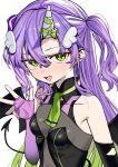  1girl amanogawa_neru fingerless_gloves gloves green_eyes highres horns long_hair luicent open_mouth purple_gloves purple_hair re-ply simple_background single_horn smile solo two_side_up virtual_youtuber white_background white_horns wing_hair_ornament 