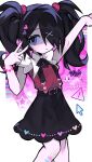  1girl absurdres ame-chan_(needy_girl_overdose) bandaid bandaid_on_knee bandaid_on_leg bead_bracelet beads black_hair black_skirt bracelet cat cursor grace_hosanna_marquez_carranco grey_eyes hair_over_one_eye hands_up highres jewelry long_hair looking_at_viewer needy_girl_overdose outstretched_arm red_shirt shirt skirt solo suspender_skirt suspenders twintails v 