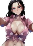  1girl black_hair blue_eyes breasts cleavage collarbone cowboy_shot crop_top earrings floral_print front-tie_top head_tilt highres jewelry large_breasts long_hair looking_at_viewer midriff navel nico_robin no_bra one_piece outstretched_arms pink_shirt shirt solo sweatdrop vivian_opart wais white_background 