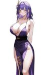  1girl arms_behind_back bare_shoulders breasts cleavage collarbone covered_nipples dress feet_out_of_frame genshin_impact hair_intakes hair_ornament highres large_breasts light_blush long_dress long_hair looking_at_viewer no_bra open_mouth plunging_neckline purple_dress purple_eyes purple_hair raiden_shogun shibanme_tekikumo side_slit simple_background solo white_background 