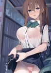  1girl bag black_bag blue_eyes blush bow bowtie bra breasts brown_hair bus_stop bus_stop_sign buttons collared_shirt commentary_request corrugated_galvanised_iron_sheet cowboy_shot embarrassed green_bow green_bowtie highres kamukamu_(ars) large_breasts leaf long_hair nose_blush one_side_up open_mouth original outdoors panties partially_unbuttoned pink_bra pink_panties rain school_bag see-through see-through_shirt shirt short_sleeves sidelocks skirt solo tented_shirt underwear water wet wet_clothes white_shirt wringing_clothes wringing_skirt 