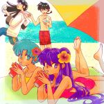  2boys 2girls barefoot black_hair blue_hair drinking_straw feet flower glasses hair_flower hair_ornament highres ioexzn3qhmfabfp mousse_(ranma_1/2) multiple_boys multiple_girls ocean purple_eyes purple_hair ranma_1/2 sand saotome_ranma shampoo_(ranma_1/2) short_hair tendou_akane toes water 