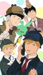  4boys animal animal_on_head black_eyes black_hair blonde_hair blue_eyes blue_headwear blue_necktie blush_stickers bow bowtie brothers brown_capelet brown_headwear capelet cellphone commentary crossed_arms deerstalker detective dog ekubo_(mob_psycho_100) hanazawa_teruki hat highres holding holding_animal holding_dog holding_magnifying_glass holding_phone kageyama_ritsu kageyama_shigeo long_sleeves magnifying_glass mob_psycho_100 multiple_boys necktie on_head orange_hair phone rabbit rabbit_on_head red_bow red_bowtie red_necktie reigen_arataka shirt siblings smile sweatdrop symbol-only_commentary white_shirt yukoxx131 