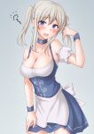  1girl alternate_costume anti_(untea9) apron barmaid blonde_hair blue_eyes blush bodice breasts cleavage corset dirndl dress embarrassed german_clothes graf_zeppelin_(kancolle) grey_background hair_between_eyes highres holding kantai_collection large_breasts long_hair looking_at_viewer oktoberfest short_hair short_sleeves smile solo traditional_clothes twintails waist_apron waitress 