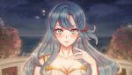  1girl absurdres alternate_costume blue_eyes blue_hair bow braid breasts chloe_(fire_emblem) cleavage commentary_request earrings fire_emblem fire_emblem_engage hair_bow hand_up highres jewelry long_hair looking_at_viewer one_side_up pink_lips red_bow smile solo upper_body venomic-ink very_long_hair 