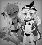  alternate_costume animal_hat barefoot bikini blush breasts fang greyscale hair_between_eyes hair_ribbon hands_on_own_hips hat highres jacket kill_me_baby long_hair monochrome multiple_views official_alternate_costume open_clothes open_jacket ponytail ribbon simple_background small_breasts sonya_(kill_me_baby) sweat swimsuit twintails very_long_hair yasashii_naizou 