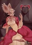  anthro ball_gown bed breasts brown_body brown_hair brown_scales ceratopsian claws cleavage clothed clothing crown dinosaur dress ebony_dragon facial_horn female finger_claws frill_(anatomy) furniture gem hair head_crest head_frill headgear horn inside jewelry long_hair looking_at_hand looking_at_self necklace nose_horn ornithischian pearl_(gem) pillow renaissance reptile royalty scales scalie solo story story_in_description stripes tiara transformation utahceratops 