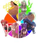  1boy 5girls absurdres animal armpits arms_up bare_shoulders bikini blue_dress blue_hair breasts cleavage color_wheel_challenge commentary dress english_commentary fire_emblem fire_emblem:_three_houses fire_emblem_engage fire_emblem_warriors:_three_hopes flower green_eyes green_hair hair_flower hair_ornament highres hilda_valentine_goneril kronk large_breasts long_hair lucina_(fire_emblem) multiple_girls navel pink_hair pomelomelon purple_eyes purple_hair pyra_(xenoblade) rhea_(fire_emblem) rhea_(summer)_(fire_emblem) shez_(female)_(fire_emblem) shez_(fire_emblem) simple_background sommie_(fire_emblem) stomach swimsuit the_emperor&#039;s_new_groove tiara topless_male twintails white_background white_bikini white_flower xenoblade_chronicles_(series) xenoblade_chronicles_2 