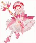  1girl :d adapted_costume brooch commentary_request dodo_(ojamajo_doremi) double_bun dress earrings fairy frilled_dress frilled_gloves frilled_sleeves frills full_body gloves hair_bun hair_ornament hakusai_(tiahszld) hand_up harukaze_doremi holding holding_staff jewelry looking_at_viewer magical_girl musical_note musical_note_hair_ornament ojamajo_doremi open_mouth pink_dress pink_eyes pink_footwear pink_gloves pink_headwear pointy_footwear puffy_short_sleeves puffy_sleeves red_hair short_hair short_sleeves simple_background smile solo staff standing standing_on_one_leg thighhighs white_thighhighs 