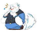  absurd_res anthro blue_eyes blush canid canine canis clothing domestic_dog fur hi_res lifewonders live_a_hero looking_at_viewer male mammal simple_background smile solo tappe124 topknot topwear vest white_background white_body white_fur wristband yohack 
