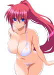  1girl bikini blue_eyes breasts cleavage collarbone commentary_request cowboy_shot engo_(aquawatery) highres large_breasts long_hair looking_at_viewer lyrical_nanoha pink_hair ponytail signum simple_background smile solo standing swimsuit very_long_hair white_background white_bikini 