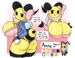  &lt;3 absurd_res annabee_(woebeeme) antennae_(anatomy) anthro arthropod arthropod_abdomen bee big_breasts big_butt black_eyes blush bottomwear bow_ribbon breasts butt cleavage cleavage_cutout clothed clothing english_text female hi_res huge_breasts hymenopteran insect jacket legwear looking_at_viewer looking_back model_sheet shorts smile solo speech_bubble sweater text thick_thighs thigh_highs tongue tongue_out topwear wide_hips wings woebeeme yellow_body 