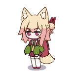  1girl animal_ear_fluff animal_ears apricotlemontea backpack bag bell blonde_hair borrowed_character brown_collar chibi collar commentary_request fox_ears fox_girl fox_tail full_body green_shirt hair_bun jingle_bell kemomimi-chan_(naga_u) long_sleeves neck_bell necktie orange_necktie original pleated_skirt purple_eyes purple_skirt randoseru ribbon-trimmed_legwear ribbon_trim sailor_collar shirt simple_background skirt sleeves_past_fingers sleeves_past_wrists solo standing tail thighhighs white_background white_sailor_collar white_thighhighs 