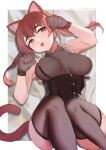  1girl absurdres alternate_costume animal_ears bare_shoulders border breasts brown_gloves brown_shirt brown_thighhighs cat cat_ears commentary_request facing_viewer gloves hands_up heterochromia highres hololive houshou_marine large_breasts looking_ahead looking_at_viewer lying on_back paw_pose red_eyes red_hair shirt siose_tamotsu sleeveless sleeveless_shirt solo thighhighs tongue tongue_out twintails virtual_youtuber white_border yellow_eyes 