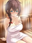  1girl bangs blue_eyes bow braid breasts brown_hair collarbone commentary hair_between_eyes hair_bow hair_flaps hand_on_own_chest hand_up highres indoors kantai_collection large_breasts long_hair montemasa naked_towel parted_lips red_bow sauna shigure_(kancolle) shigure_kai_ni_(kancolle) steam sweat thighs towel wooden_wall 