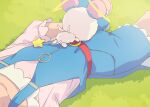  1girl belt blue_overalls collarbone fuwa_(precure) grass hagoromo_lala haruyama_kazunori lying on_back overalls precure shadow solo star_(symbol) star_twinkle_precure zipper_pull_tab 