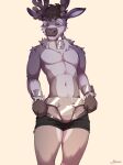 2023 anthro antlers bottomwear bound boxer_briefs bulge cake_(pointeightcake) capreoline chastity_belt chastity_device clothed clothing collar cuff_(restraint) deer digital_media_(artwork) freckles_on_face hi_res hooved_hands hooves horn lock male mammal metal_chastity_belt metal_collar metal_cuffs mostly_nude navel padlock padlocked_collar partially_clothed putting_on_clothes putting_on_underwear reindeer restraints signature simple_background solo surprised_expression tight_bottomwear tight_clothing too_tight underwear underwear_down yildunstar 