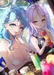  2girls absurdres ahoge ako_(blue_archive) bare_shoulders beach bikini blue_archive blue_eyes blush breasts crossed_arms demon_girl demon_horns drink drinking_straw drinking_straw_in_mouth earrings food hair_between_eyes hair_ornament hair_over_shoulder hairband hairclip half-closed_eyes halo hands_on_own_face highres hina_(blue_archive) hina_(swimsuit)_(blue_archive) holding horns huge_breasts jewelry multiple_girls one-piece_swimsuit open_mouth outdoors pistachiocream purple_eyes school_swimsuit sleeveless small_breasts swimsuit upper_body white_bikini 