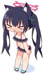  &gt;_&lt; 1girl :&lt; absurdres animal_ear_fluff animal_ears bare_shoulders bikini black_footwear black_hair blue_archive blue_ribbon blush breasts chibi cleavage closed_eyes collarbone facing_viewer frilled_bikini frills full_body hair_between_eyes hair_ribbon halo hana_kazari highres long_hair navel nose_blush off-shoulder_bikini off_shoulder parted_lips ribbon sandals serika_(blue_archive) serika_(swimsuit)_(blue_archive) shadow simple_background small_breasts solo standing swimsuit triangle_mouth twintails v-shaped_eyebrows very_long_hair white_background 