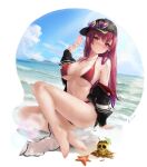  1girl arm_support armpit_crease ass bare_shoulders barefoot beach bikini black_headwear black_jacket blue_sky breasts cloud cloudy_sky day eyelashes feet food full_body gold_trim gradient_hair hand_up heterochromia highres holding hololive houshou_marine jacket jewelry knee_up large_breasts legs licking_lips long_hair long_sleeves looking_at_viewer lukas_reule micro_bikini multicolored_hair necklace off_shoulder official_alternate_costume open_clothes open_jacket outdoors popsicle purple_hair red_bikini red_eyes red_hair short_shorts shorts shorts_around_one_leg sidelocks signature sky solo starfish swimsuit thighs toenails toes tongue tongue_out virtual_youtuber white_shorts yellow_eyes 