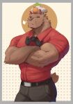  1boy =_= absurdres bara black_bow black_bowtie bow bowtie brown_pants capybara_boy cowboy_shot crossed_arms fluffy forearms furry furry_male highres large_pectorals male_focus muscular muscular_male on_head original pants pectorals red_shirt shirt short_hair solo standing steam_from_nose yourboi_lynno 