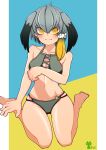  1girl absurdres bare_arms bare_legs bare_shoulders barefoot bikini bird_wings black_hair black_wings blonde_hair breasts bright_pupils cleavage closed_mouth collarbone eyes_visible_through_hair feathered_wings grey_bikini grey_hair grey_wings hair_between_eyes hair_ornament hair_scrunchie head_wings highres kemono_friends long_hair looking_at_viewer medium_breasts midriff multicolored_hair navel sakumochi_(pixiv4431677) scrunchie shoebill_(kemono_friends) side_ponytail smile solo split_mouth swimsuit thighs tsurime two-tone_wings white_pupils white_scrunchie wings yellow_eyes 
