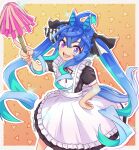  1girl alternate_costume apron black_bow black_dress blue_eyes blue_hair blush bow bowtie collared_shirt dress duster enmaided frilled_apron frills gradient_hair hair_between_eyes hair_bow heterochromia highres horse_girl long_hair looking_at_viewer maid maid_apron monmonmur multicolored_hair open_mouth puffy_short_sleeves puffy_sleeves purple_eyes red_bow red_bowtie shirt short_sleeves sidelocks smile solo twin_turbo_(umamusume) twintails umamusume white_apron 