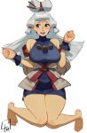  1girl absurdres adapted_costume barefoot blur_censor breasts censored censored_feet facial_mark forehead_mark hair_ornament hair_stick hair_tubes highres l4wless large_breasts long_hair looking_at_viewer open_mouth paya_(zelda) pointy_ears sheikah smile solo the_legend_of_zelda the_legend_of_zelda:_breath_of_the_wild thighs white_hair 