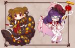  2girls adapted_costume apple black_coat black_pants black_ribbon blush brown_hair closed_mouth coat collared_shirt commentary_request double_bun dress e.g.o_(project_moon) employee_(lobotomy_corporation) food frilled_hat frills fruit glasses hair_bun hair_ribbon hat highres holding holding_staff holding_sword holding_weapon hoshizuki_sakusa invisible_chair lobotomy_corporation long_dress long_hair long_sleeves mary_janes multicolored_eyes multiple_girls necktie no_nose open_clothes open_coat pants project_moon purple_hair red_eyes red_footwear red_headwear red_necktie red_shirt ribbon shirt shoes single_wing sitting snake staff sword weapon white_dress white_shirt white_snake wings 