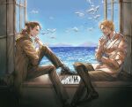  2boys absurdres beard blonde_hair board_game chess chessboard eren_yeager facial_hair from_side full_body glasses green_eyes highres long_sleeves male_focus marley_military_uniform mediekg_(medievalknightgun) mountainous_horizon multiple_boys ocean pants profile shingeki_no_kyojin shoes short_hair sitting thick_eyebrows thinking zeke_yeager 