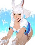  1girl animal_ears artist_name bikini breasts commission dark-skinned_female dark_skin final_fantasy final_fantasy_xiv green_eyes highres jacket koyorin looking_at_viewer medium_breasts medium_hair open_clothes open_jacket open_mouth ponytail rabbit_ears short_sleeves solo splashing swimsuit viera warrior_of_light_(ff14) white_bikini white_hair 