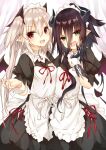  2girls :d age_of_ishtaria apron aqua_eyes asymmetrical_docking black_dress black_hair black_wings breast_press breasts cowboy_shot curtains demon_girl demon_horns demon_tail demon_wings dress empusa_(age_of_ishtaria) fangs gem hair_between_eyes hand_on_own_cheek hand_on_own_face head_tilt highres horns long_hair looking_at_viewer maid maid_headdress multiple_girls open_mouth outstretched_hand pointy_ears prosthesis prosthetic_arm puffy_short_sleeves puffy_sleeves purple_eyes ribbon saeki_touma short_sleeves sidelocks simple_background small_breasts smile tail two_side_up upier_(age_of_ishtaria) white_apron white_background white_ribbon wings wrist_cuffs 